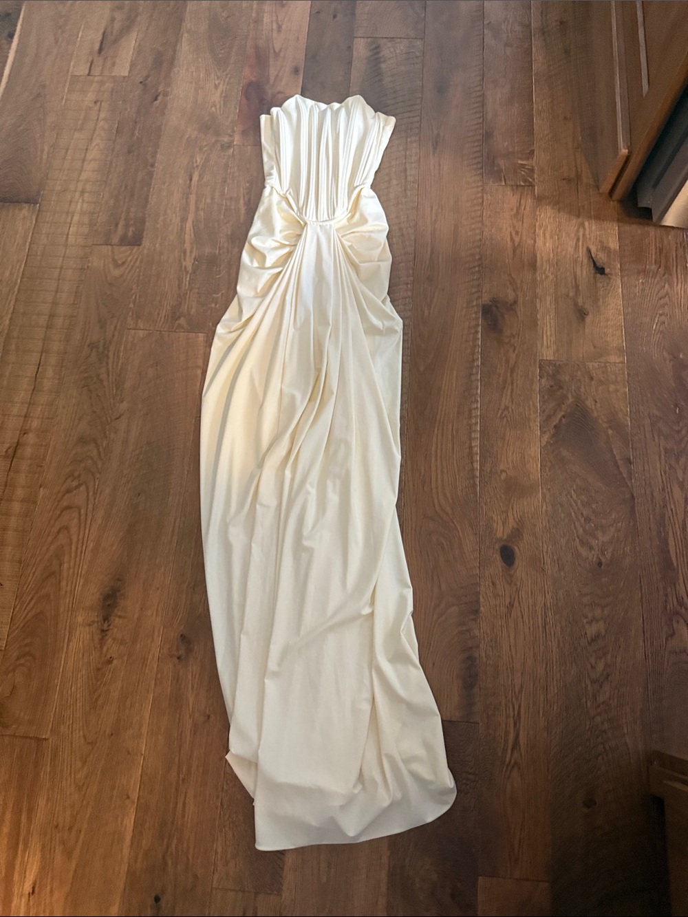Strapless Cream Satin Evening Gown with Gathered Bodice-Prom dress/wedding guest